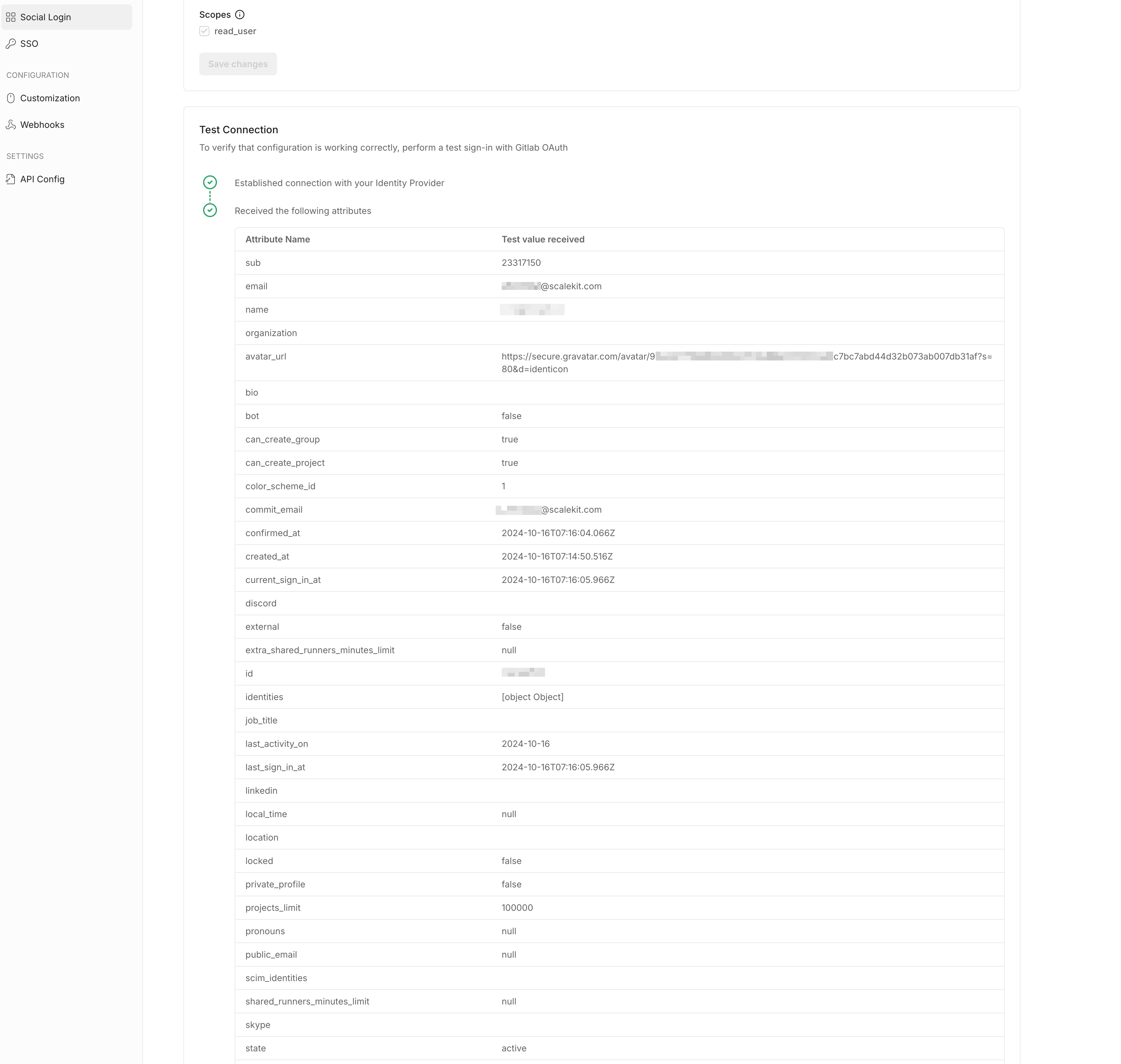 GitLab OAuth configuration for social login, showing redirect URI, client ID, and scopes for
authentication.